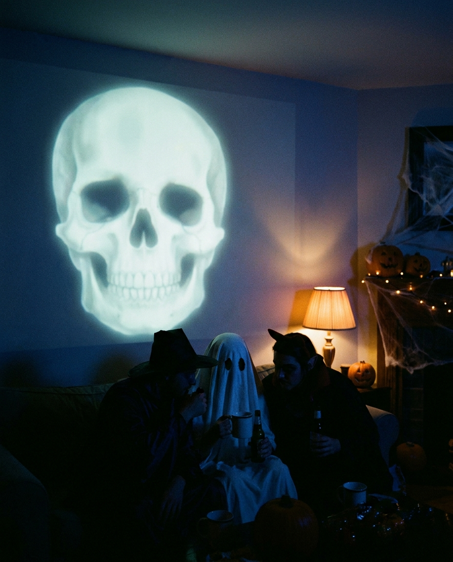 Crâne projeté sur le mur d'un salon pendant une soirée d'Halloween