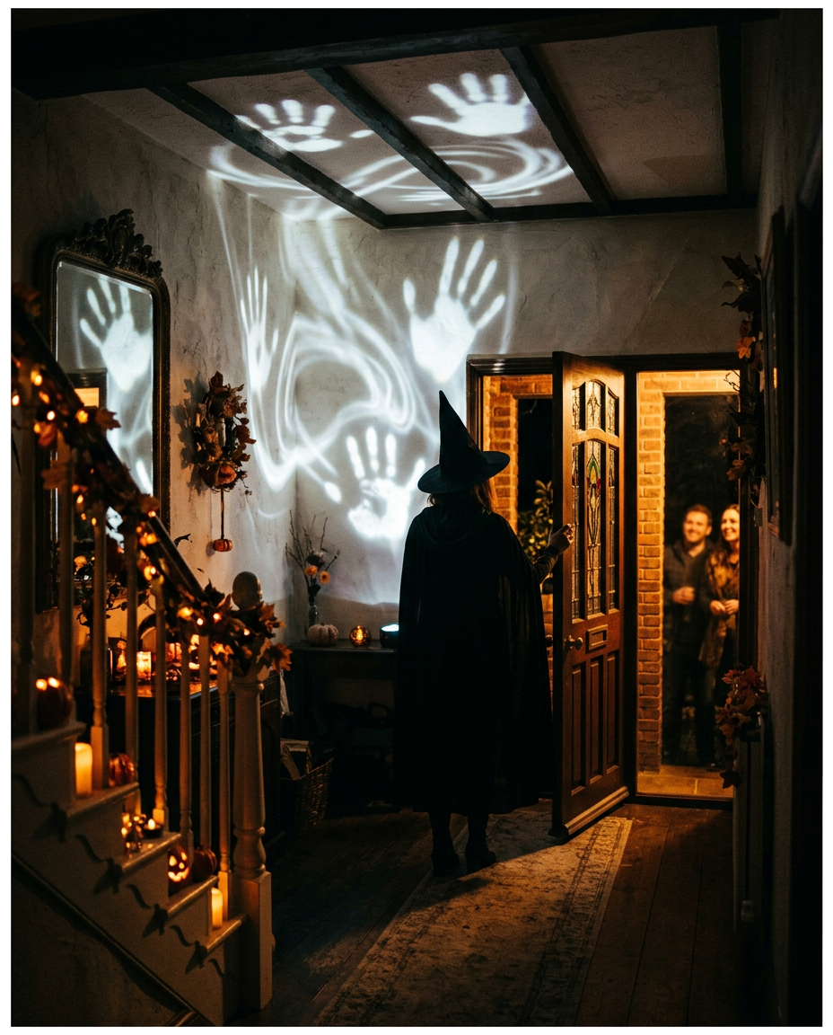 Empreinte de main projetée dans une entrée le soir d'Halloween